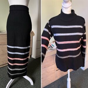 Black & Colorful Stripe Knit Mockneck Sweater Midi Skirt Modest Matching Set XS